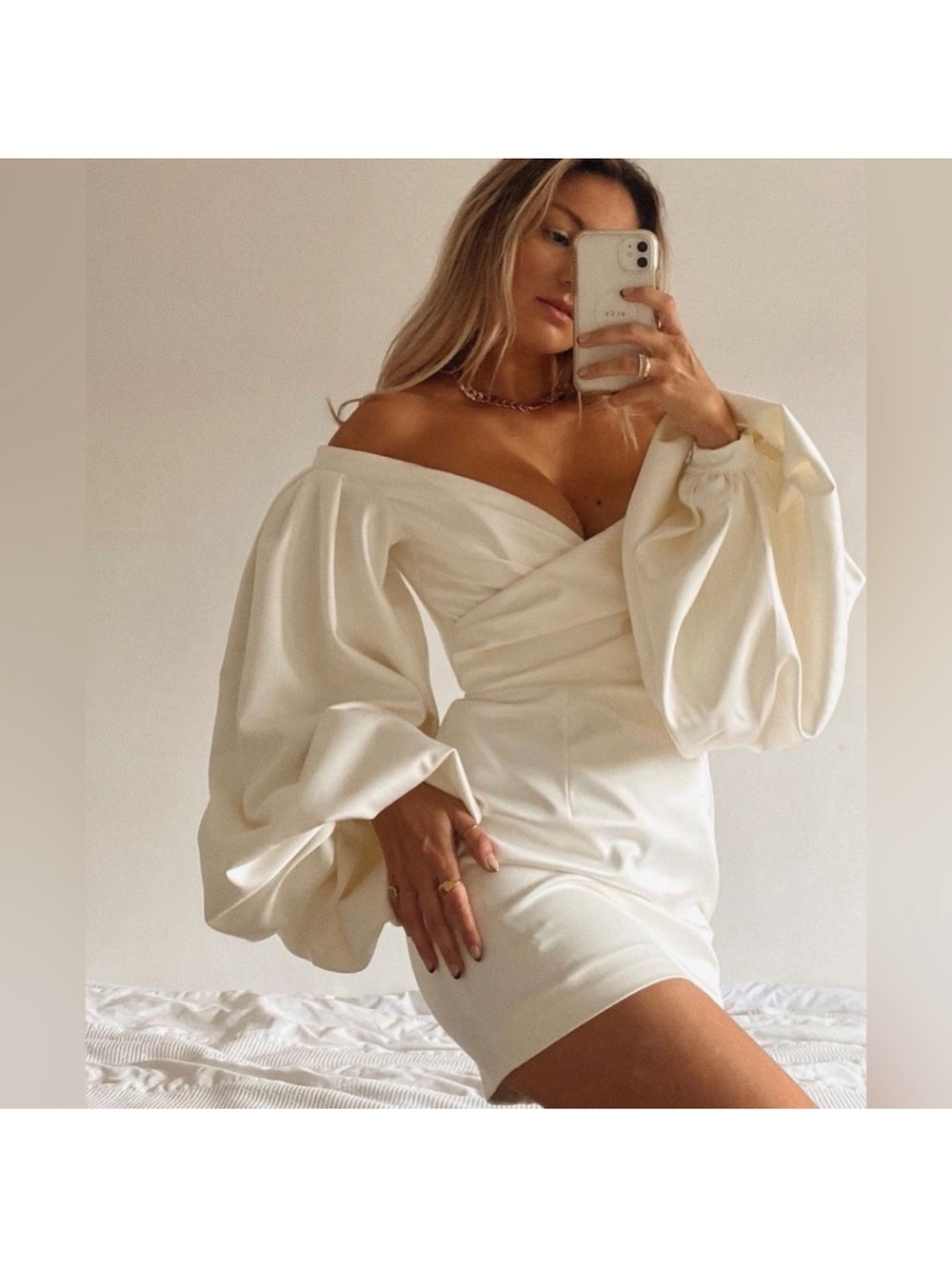 House of CB Cream Carlyn Ivory Satin Balloon Sleeve Mini Dress
